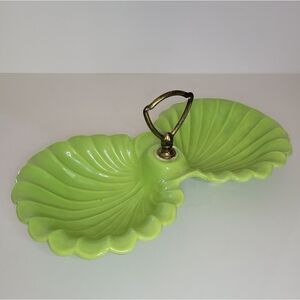 Vintage Made in USA Green Pottery Double Shell Ceramic Candy Trinket Dish